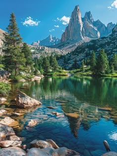 a mountain lake surrounded by trees and rocks