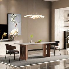 a modern dining room with marble flooring and white walls, along with an elegant chandelier hanging from the ceiling