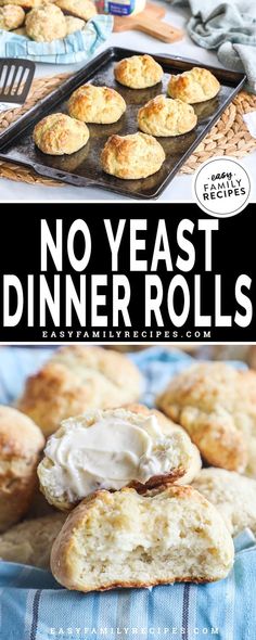 the recipe for no yeast dinner rolls is shown in this collage with text overlay