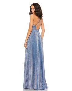 Nothing outshines the lady in this metallic jersey gown sprinkled with brilliant silver glitter. Cut in a swishy A-line silhouette with a mesh inset at the neckline, the flattering pleated gown is perfect for moving, grooving, and making fabulous lasting impressions. Mac Duggal Pleated glitter-flecked jersey fabric (100% polyester) Fully lined through body V-neckline Spaghetti straps Crisscross open back Pleated bodice and cummerbund Bust pads with mesh inset Concealed back zipper Approx. 62.5" Robe Fuchsia, Champagne Formal Dresses, V Neck Gown, Plus Size Sequin Dresses, Modest Formal Dresses, Light Blue Prom Dress, Navy Blue Bridesmaid Dresses, Black Tie Formal, Gold Prom Dresses