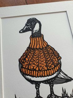 a drawing of a duck in an orange dress