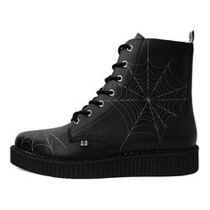 PRICES MAY VARY. Creeper boots with glow-in-the-dark spiderwebs across the upper Features a sleek black upper made of our vegan friendly high quality TUKskin material — polishable synthetic faux leather that is both soft and breathable Pointed toe booties have a 7-eyelet lace up detail and a platform sole height that measures 1 ¼” at the heel and ¾” in the front Removable memory foam insoles for added comfort and inside zipper closure for easy on/off Take a walk on the dark side in these killer Creeper Boots, Pointed Boots, Boots Uk, Take A Walk, The Dark Side, Cool Boots, Shoes Outlet, Creepers, Eye Black