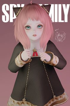 a girl with pink hair wearing a black dress and holding a chain around her neck