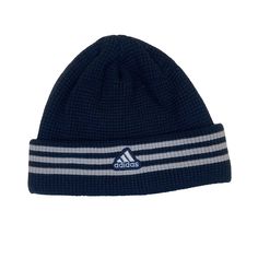 Vintage Y2K Adidas navy blue white minimal crochet style winter beanie hat White Knitted Hat For Streetwear, Navy Casual Beanie Hat, Navy Casual Winter Hats, Navy Cap For Winter, Navy Winter Cap, Warm Sports Beanie Hat, Winter Sports Hat, Sporty Winter Beanie Hat, Navy Hats For Winter Cold Weather