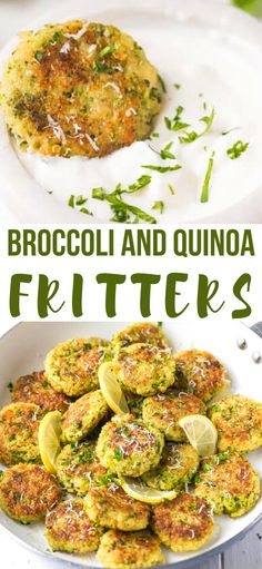 broccoli and quinoa fritters on a plate with lemon wedges