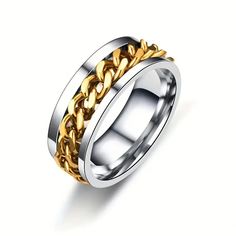 Elevate your style with this hip hop inspired band ring made of durable stainless steel. The rotatable middle chain design adds a unique touch to this accessory that will appeal to both men and women. The ring features a gold and silver color combination, making it versatile and easy to pair with any outfit. The ring is available in size 10 and is perfect for those who want to make a bold statement with their jewelry. Crafted with attention to detail, this ring is perfect for fans of hip hop and streetwear fashion. Add this ring to your collection today and take your style to the next level. WE WILL COMBINE SHIPPING ON ITEM IF ALL POSSIBLE.  YOU MAY HAVE TO PAY REGULAR SHIPPING, HOWEVER ONCE SHIPPPED WE WILL REFUND THE DIFFERENCE Bottle Opener Ring, Cool Rings For Men, Ring Party Jewelry, Period Tracker, Ring Man, Titanium Ring, Stylish Rings, Rhinestone Ring, Pattern Animal