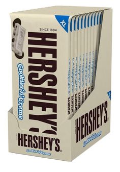 the hershey's cereal box is stacked on top of each other in an upright position