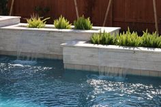 an outdoor swimming pool with plants and water features