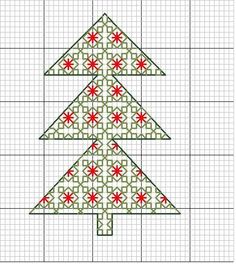 a cross stitch christmas tree with red and green ornaments on it's sides, in the middle of a graph paper