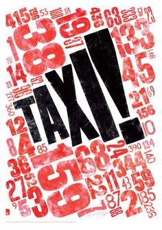 a red and black poster with the word taxi in it's uppercases