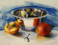 a drawing of some fruit in a bowl