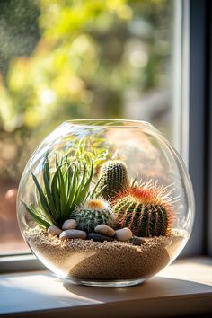 a glass bowl filled with plants on top of a window sill