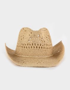 Laser Cut Straw Cowboy Hat. Get Ready To Ride Into The Fashion Frontier With The Laser Cut Straw Cowboy Hat! This Hat Is The Epitome Of Cowboy Chic, Combining Traditional Western Vibes With A Modern Twist That'll Have You Roping In Compliments Left And Right. Pinch Front Crown. Wide Brim. Braided Rope Trim. Adjustable Interior To Create A Snug Fit. 100% Paper. Imported.