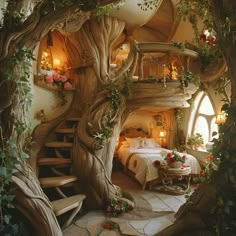 Fairy Cottage Aesthetic Interior, Fairy Themed House, Fairy Core House Interior, Fairycore House Interior, Fairy Core Living Room, Inside Fairy House, Interior Tree House, Fairytale Room Aesthetic, Fairytale House Interior