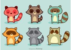 cute raccoon cartoon character set in different colors and sizes on a blue background