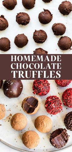 homemade chocolate truffles on a plate with text overlay that reads homemade chocolate truffles