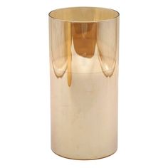 a gold colored glass vase with three curved handles and two narrow sides, on a white background