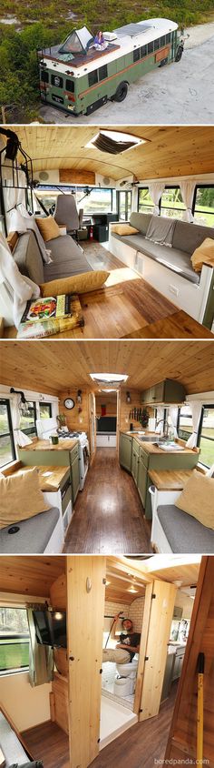 the interior and exterior of an rv with wood flooring