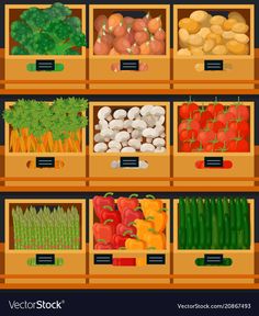 an assortment of fruits and vegetables on display in wooden boxes - food objects illustrations, clip art