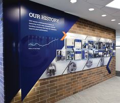 a brick wall with an advertisement on it in front of a blue and white background