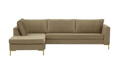 a beige sectional sofa with gold legs and footrests on an isolated white background