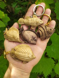 a hand holding five wooden fish keychains in front of some green plants and leaves