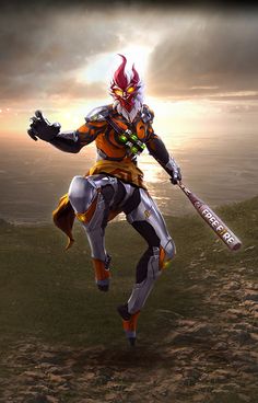 a man in an orange and white suit holding a baseball bat on top of a hill