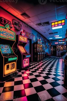 an arcade room with neon lights and checkered flooring on the walls is pictured in this image