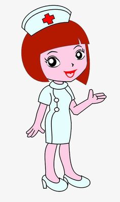 a cartoon nurse is standing with her hand out and pointing to the side, while wearing a red cross cap