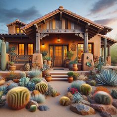 a house with many cacti in front of it and a lot of rocks on the ground