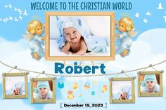 a baby's birth announcement with an image of a child in a blanket and angel wings