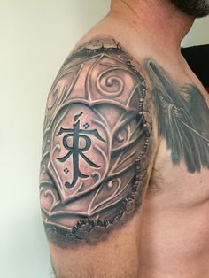 My finished lord of the rings, JRR Tolkien, Elvish Armor Tattoo. Armor Shoulder Tattoo, Elvish Armor, Jrr Tolkien Tattoo, Tolkien Elvish, Armor Shoulder, Armour Tattoo