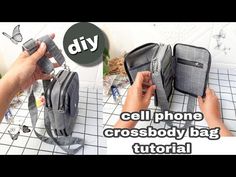 two images showing how to use cell phone cross body bag