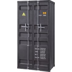 two black metal storage cabinets with labels on the front and back doors, one door open