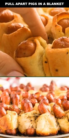 two pictures one with pigs in a blanket and the other with hot dogs wrapped in bread