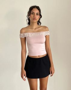 Baby Pink Slinky Bardot Top | Nesel – motelrocks-com-us Pink Fitted Lace Crop Top, Bardot Neckline, Bardot Top, Summer Bodycon Dress, Black Satin Dress, Party Dress Long Sleeve, Red Jeans, Bandeau Dress, Body Con Skirt