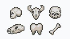 pixel art skulls and bones are shown in this image, including one skull on the left side