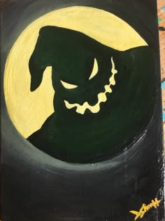 a painting of a black cat with fangs on it's face in front of a full moon