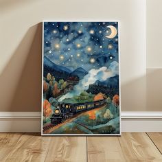 a painting of a train traveling through the night sky