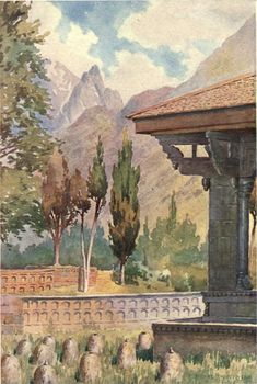 an old painting of a gazebo with mountains in the background