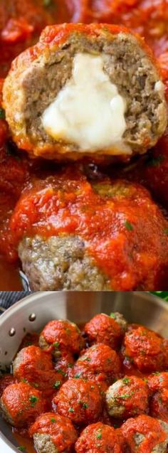 meatballs stuffed with cheese and marinara sauce in a pan