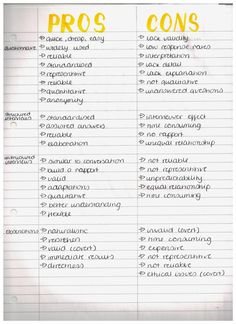 a list of pros and cons written in yellow on top of a piece of paper