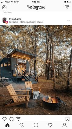 the instagram page shows an image of a tiny cabin in the woods with fire pit