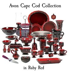 an assortment of red and black glassware with the caption's name in ruby red