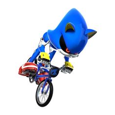 sonic the hedgehog is riding a red bike and has his head turned to look like an animal