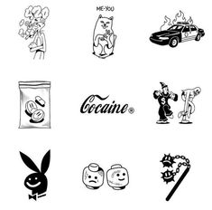 various stickers are shown in black and white