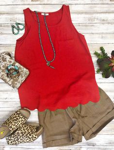 Shanna Scalloped Top is a perfect top for #datenightoutfitinspiration. Scalloped bottom hem and a front chest pocket. Find your #summeroutfit at Horse Creek Boutique. #horsecreekboutique #summeroutfit #tanktop #dressysummeroutfit #linenshorts #redtank #leopardshoes Cute Red Tank Top For Spring, Fitted Red Tank Top For Spring, Red Tank Top For Summer, Cute Red Spring Tank Top, Red Floral Print Summer Tank Top, Red Top Outfit, Tan Shorts, Cutest Outfits, Boutique Clothes