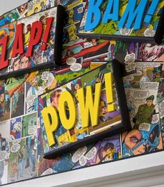 the word pow is written in different colors and shapes on a wall covered with comic books