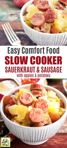 this easy comfort food slow cooker sauerkraut and sausage is made with apples and potatoes