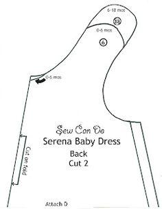 the sewing pattern for serena baby dress is shown in black and white, with instructions to sew